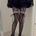 New Gothic Hollowed Lace Tie Fishnet Suspender Socks for Women Sexy Slim Nylon Mesh Thigh High Stockings White Tights Pantyhose
