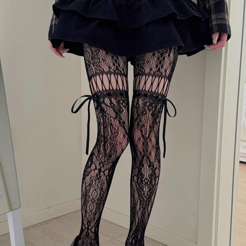 New Gothic Hollowed Lace Tie Fishnet Suspender Socks for Women Sexy Slim Nylon Mesh Thigh High Stockings White Tights Pantyhose