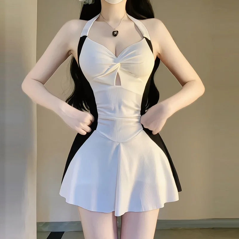 Elegant Black White Halter One Piece Swimsuit Dress | SAMAG