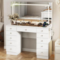 White Makeup Vanity with 11 Drawers and Glass Top Adjustable Brightness Lighting Mirror for Bedroom 3 Lighting Modes Makeup Des