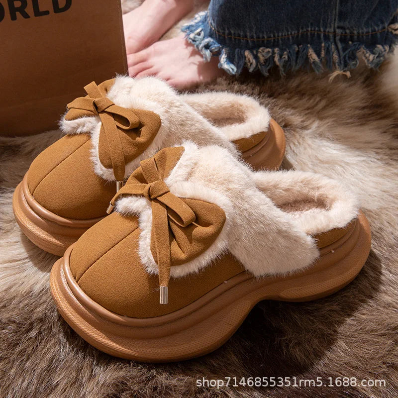 Winter Women's Bow Slippers Home Casual Plush Luxury Designer Woman Shoes Wedges Platform Fuzzy Fur Slides Fashion Soft Sole