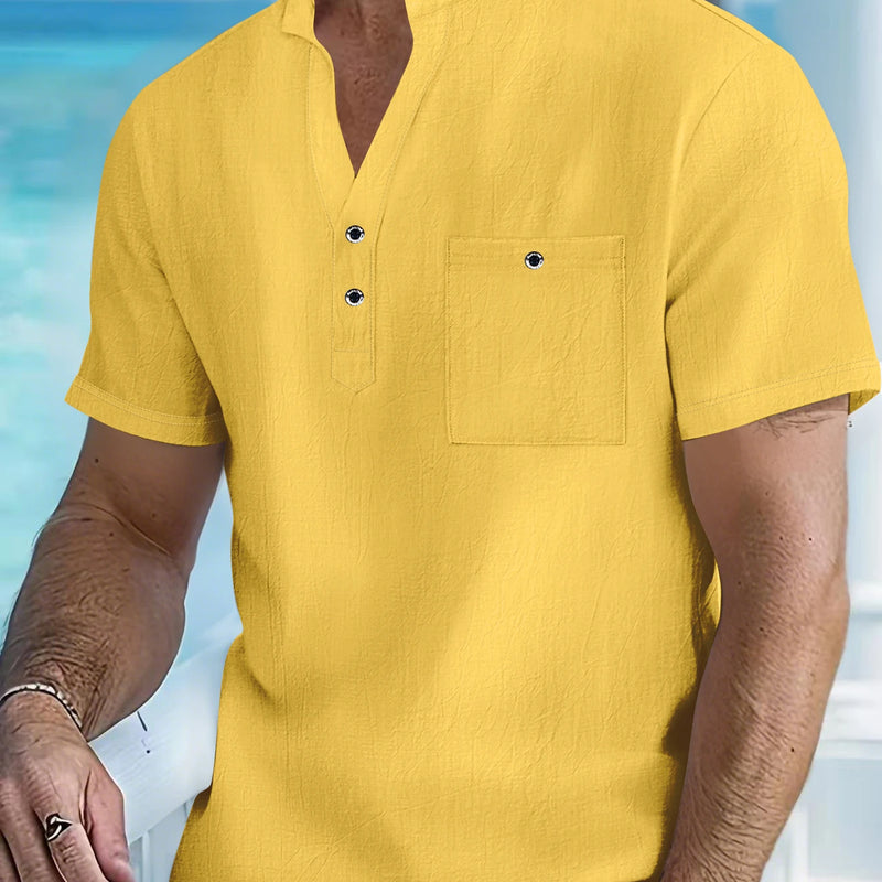 Men's Cotton Linen Short-Sleeve Shirt with Stand Collar | SAMAG