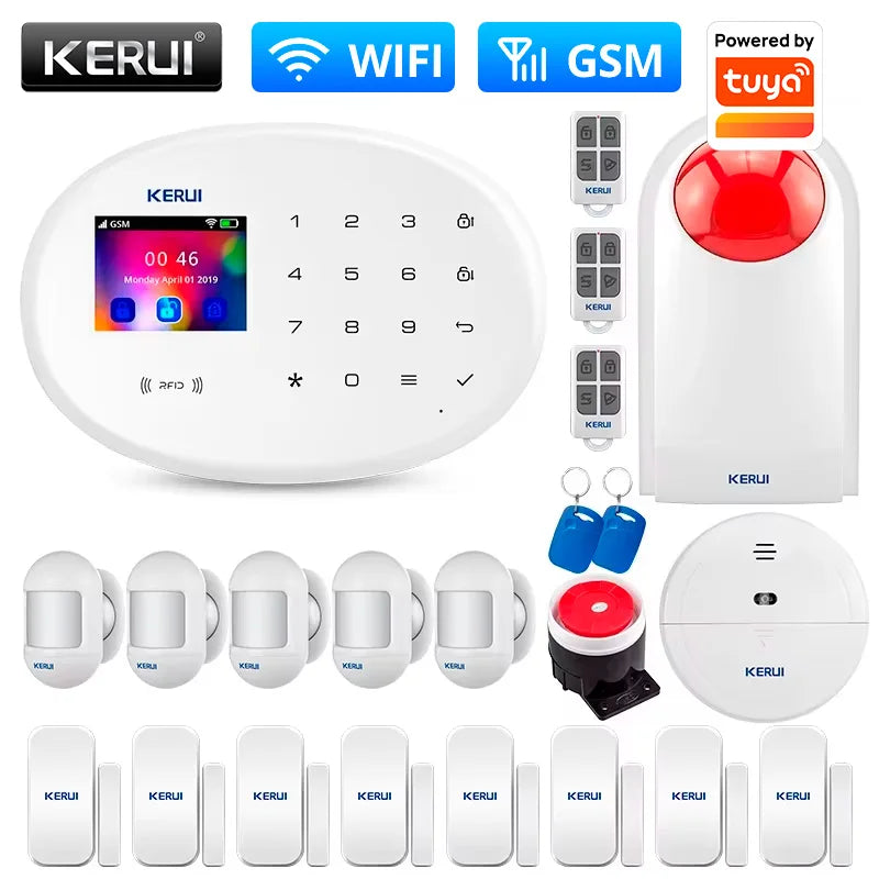 KERUI Home Security Protection WIFI GSM Alarm System Kit Works with Tuya Support Alexa with Door Opening Sensor Motion Detector