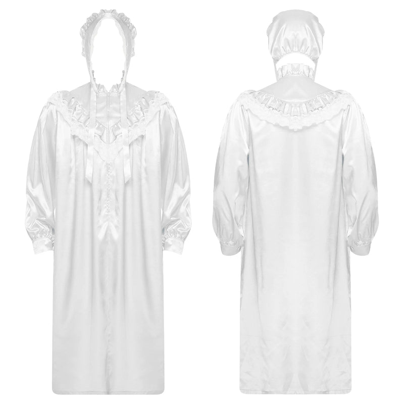 Men Satiny Gothic Victorian Nightgown Robe with Hat Set Lace Trim Long Sleeve Sleep Dress And Lace-up Bonnet for Pajamas Party