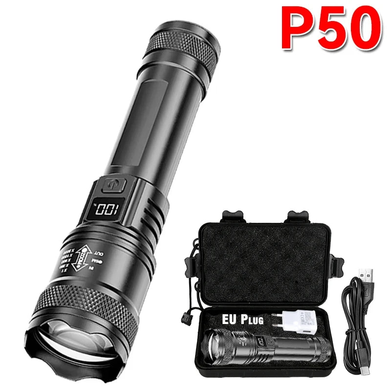 2000LM Ultra Bright P50 LED Flashlight Tactical EDC Torch Telescopic Zoom Type-C Rechargeable Emergency Spotlight for Camping