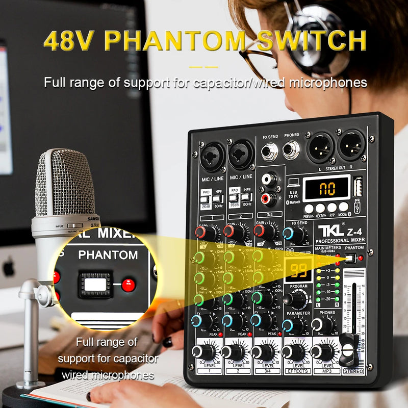 TKL 4 Channel 99 DSP Audio Mixer 48V Phantom Power USB Studio Sound Mixers Bluetooth DJ Console Mixing for Karaok