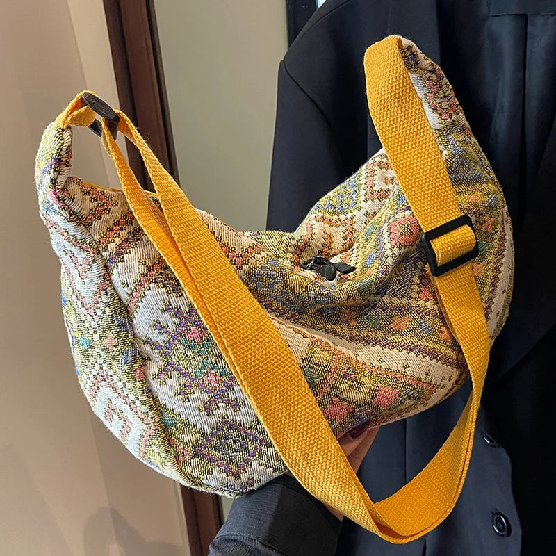 Vintage Female Shoulder Messenger Bag Trend Simple Zipper Handbags Ethnic-Style Canvas Shoulder Bag Small Tote Crossbody Bags