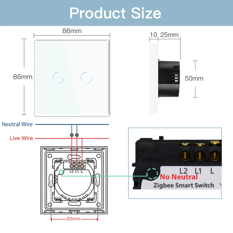BSEED 1/2/3Gang Zigbee Touch Switch Wall Light Switch With Smart EU Socket Support Google Alexa Tuya Control No Neutral Line