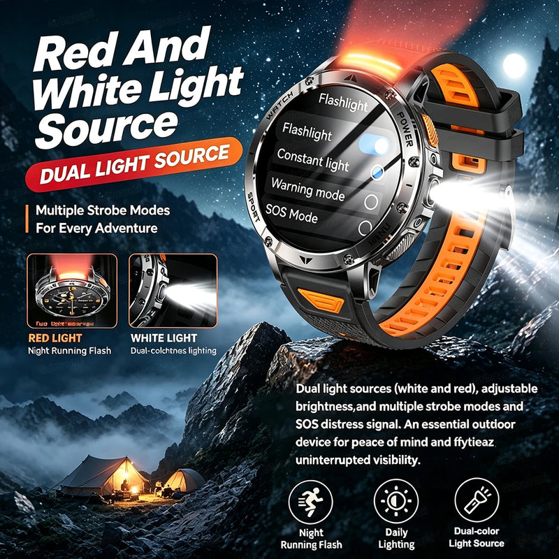 2026 New Military TANK 1400mAh Battery Smart Watch IP68 Waterproof LED Flashlight Heart Rate Sports tracker SOS Smart Watch Men