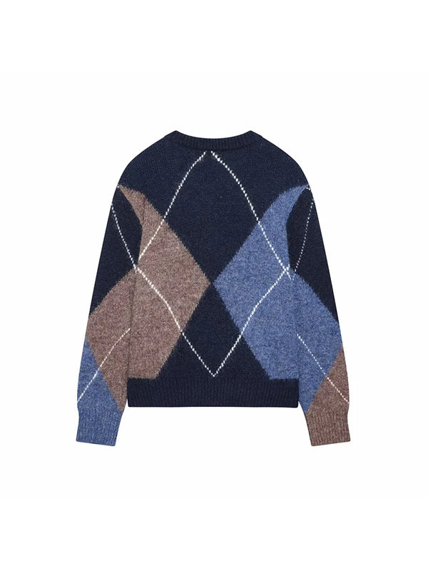 Women Fashion Argyle Sweater Women Female Lazy Style Pullover Female Spring Casual Long Sleeve Diamond Pattern Knit Sweater