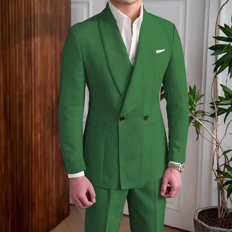 Men's Linen Suit 2-Piece Khaki Shawl Collar Double-Breasted Slim Fit Breathable Jacket and Pants Formal Set for Summer Business
