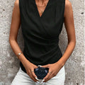 Women Sleeveless V Neck Wrap Blouse Side Ruched Asymmetric Hem Slim Casual Tank Top Elegant Office Daily Black Vest Shirt