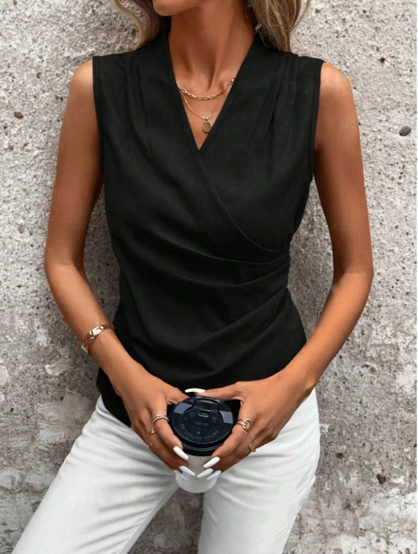 Women Sleeveless V Neck Wrap Blouse Side Ruched Asymmetric Hem Slim Casual Tank Top Elegant Office Daily Black Vest Shirt