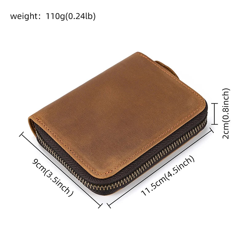 Men Crazy horse Genuine Leather Coin Wallet Real Leather Snap Short Purse Women Coin Pocket Zip Around Small Trifold Pocket