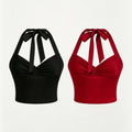 Women Ruched Halter Crop Top Tie Back Sleeveless Camisole V Neck Slim Stretch Y2K Party Cami Black Red Two Colors