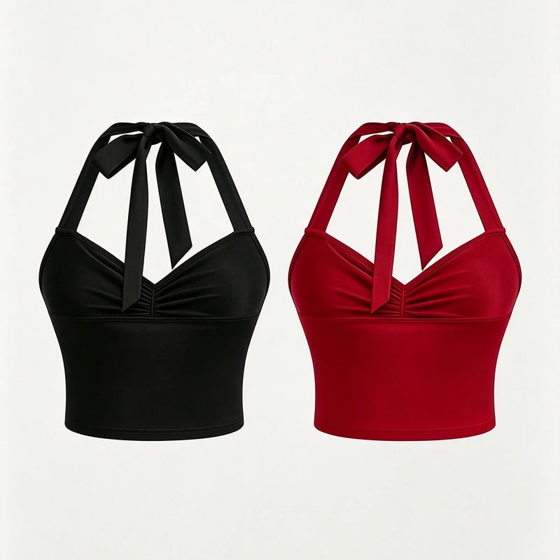 Women Ruched Halter Crop Top Tie Back Sleeveless Camisole V Neck Slim Stretch Y2K Party Cami Black Red Two Colors
