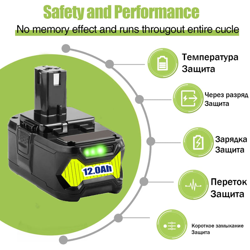 12Ah For RYOBI 18V Battery P108 18V One+ Plus Battery 18 Volt Lithium-Ion Power Tools P104 P107 RB18L50 RB18L20 P108