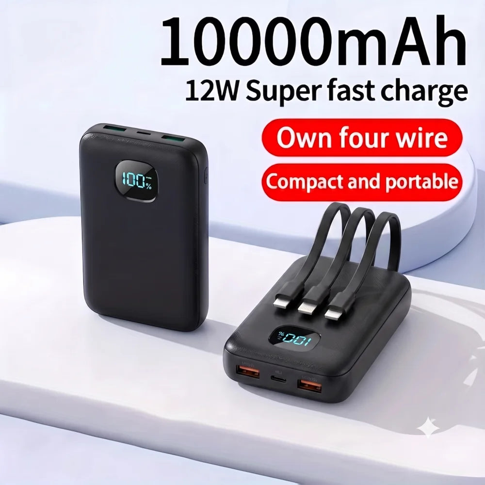Power Bank Portable Charger with 3 Built-in Cables,Ultra Slim 10000mAh PD 3.0A USB-C Battery Pack,LCD Display 5 Outputs Travel Essentials Powerbank for iPhone 16/15/14/13/12 Series,Samsung,Android etc