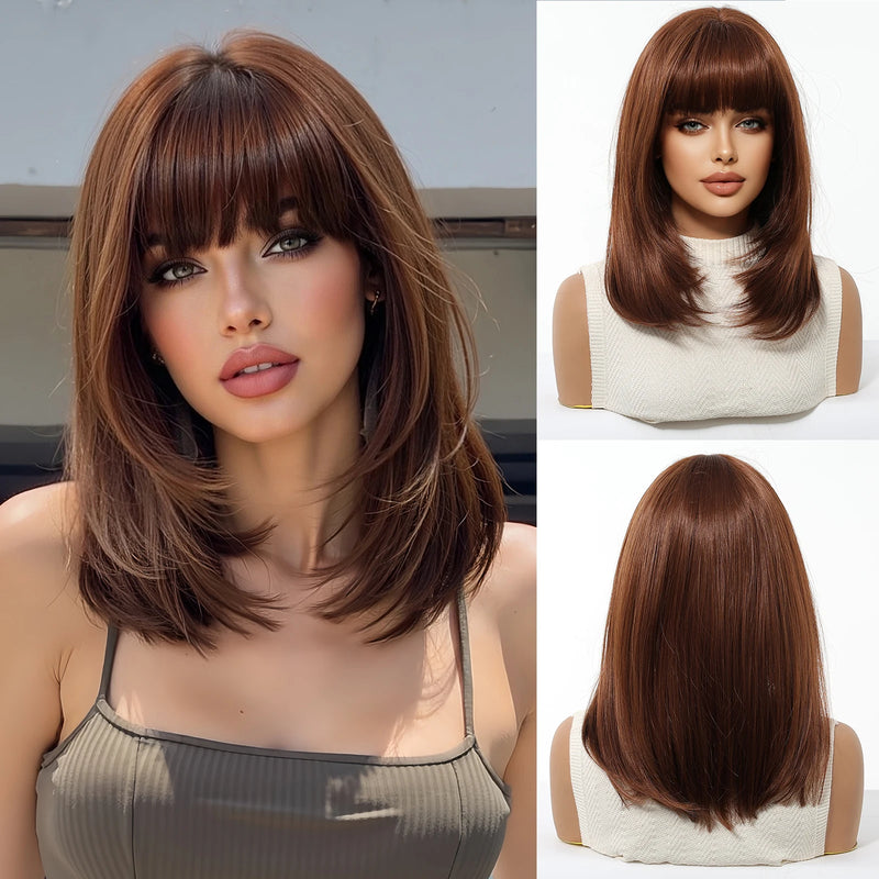 EASIHAIR Short Straight Bob Hair Synthetic Wigs for Women Brown Straight Natural Wigs with Eight Character Bangs Daily Cosplay