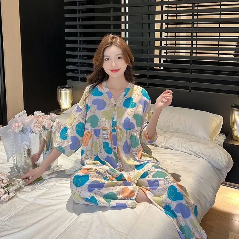 Cotton Sleepwear Big Size Cardigan Seven-minute Pants Two-piece Print Loungewear Pajama Sets Summer Nightwear Korean Fashion
