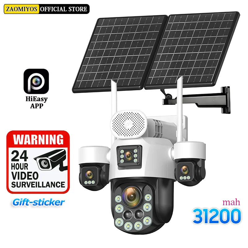 4 Lens Outdoor 360° Surveillance Solar Camera 20MP 60X Optical Zoom 4G SIM Home Security PTZ Auto Track AOV 24/7 Record CCTV Cam