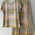 Designer retro geometric print knitted T-shirt two-piece summer women's dress+loose plus-size pleated skirt fashion suit