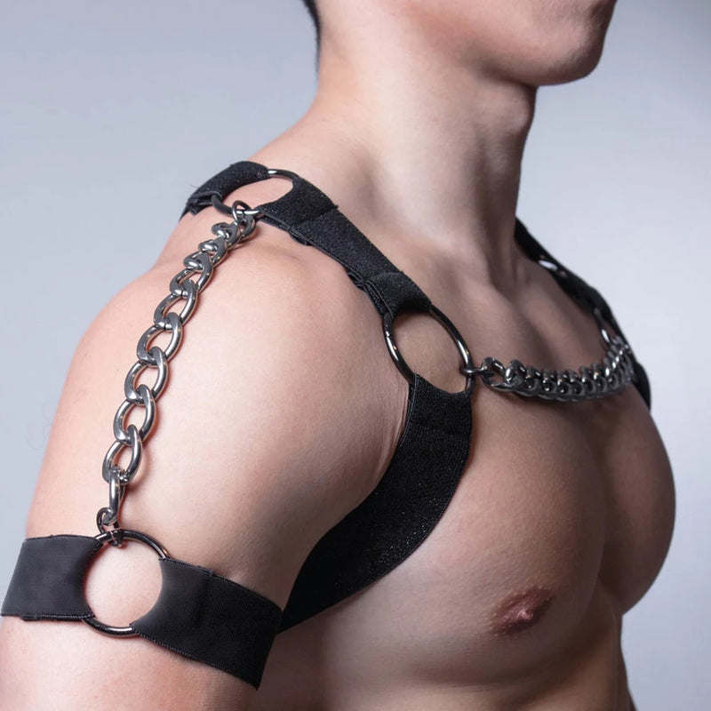 Black Punk Style Adjustable Tightness PU Metal Chain Half Harness Belt Men Top Chest Suspender for Cosplay - Visuel 3 | SAMAG