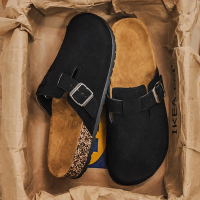 Men's Suede Cork Slippers Clogs Slip-on Leather Sandals | SAMAG