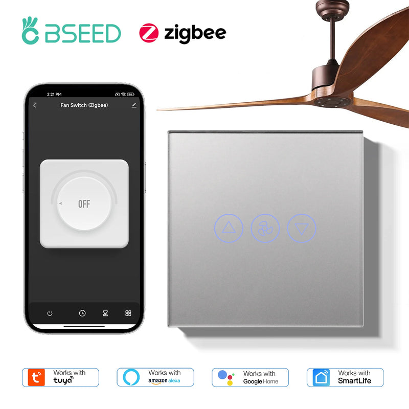 BSEED Zigbee Fans Switches Smart Wall Touch  Speed Control Switch With EU Socket Support Tuya Smart Life Alexa Voice Control