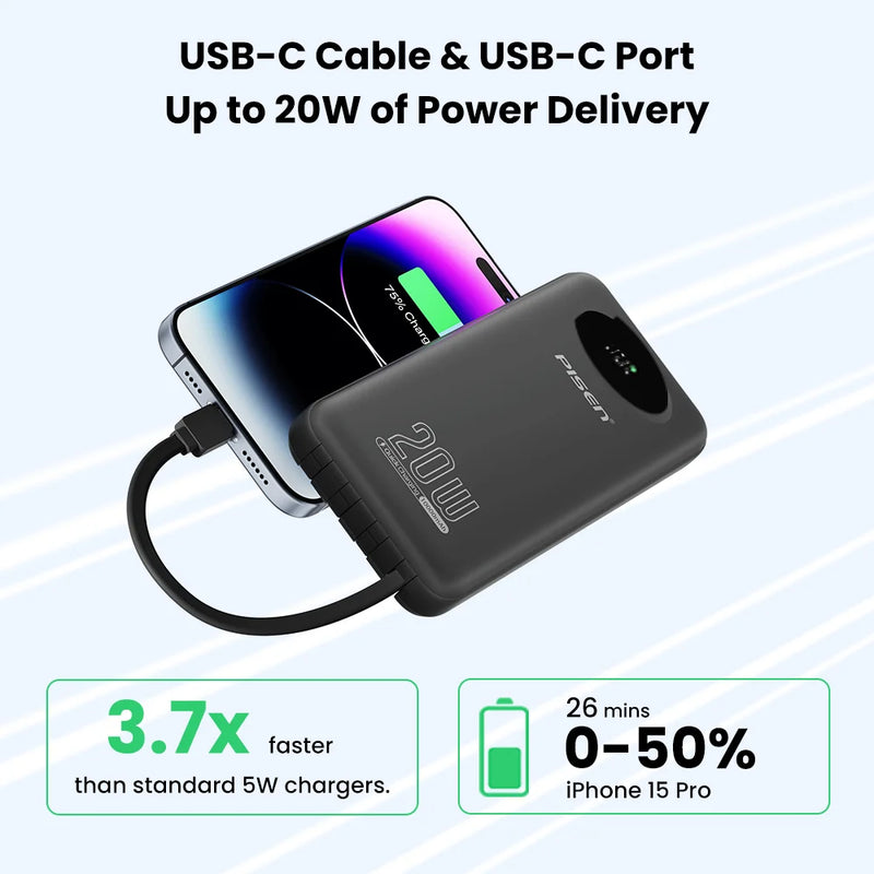PISEN 3C Certified Power Bank 10000mAh & 20000mAh 20W Fast Charging Powerbank With 4 Built-in Cables For iPhone Samsung Xiaomi