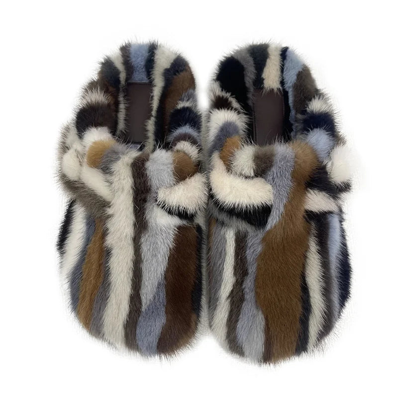 Mule Slippers Mink Fur Slides Comwarm Fashion Women Clogs Cork Insole Fur Slippers with Arch Support Outdoor Slides Home Shoes