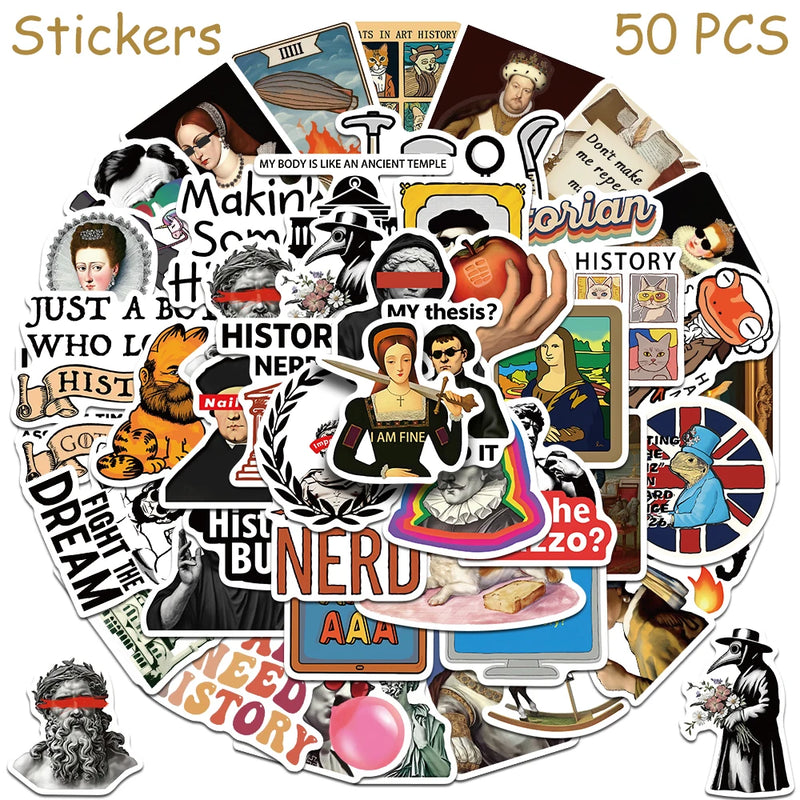 50pcs Funny History Stickers Decals For Phone Laptop Skateboard Refrigerator Helmet DIY Cartoon Waterproof Stickers For Students