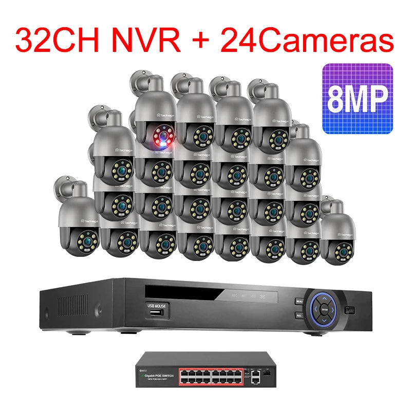 Techage 36CH 5MP 8MP POE PTZ Camera System Smart Ai Human Detected Two-way Audio Color Night 4K H.26S Security Surveillance Kit