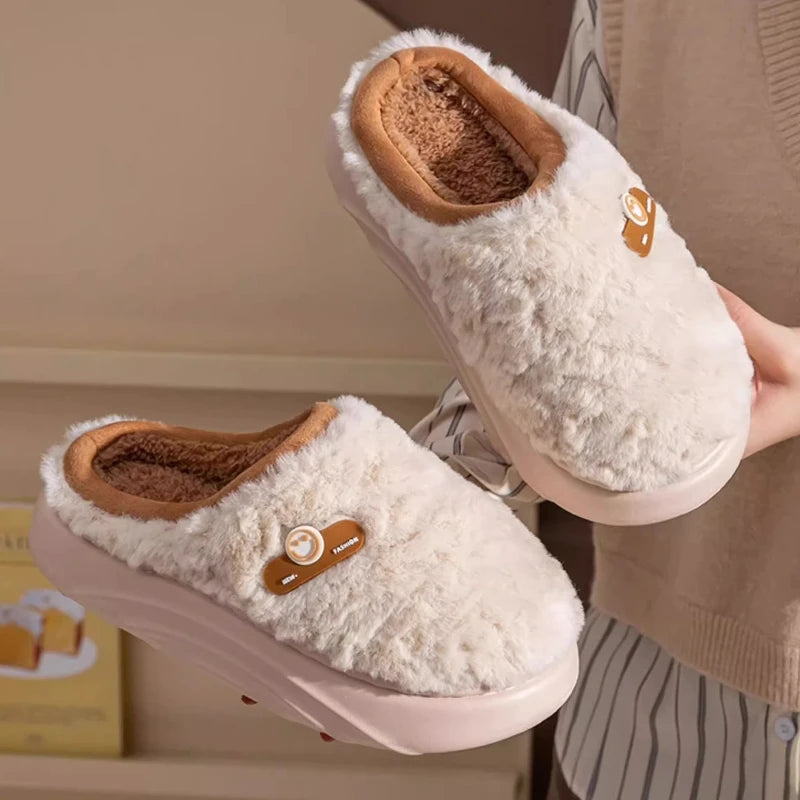 Women's Winter Plush Slippers Fleece-Lined Indoor House Shoes with Thick Sole Anti-Slip Odor-Control Feature for Couples