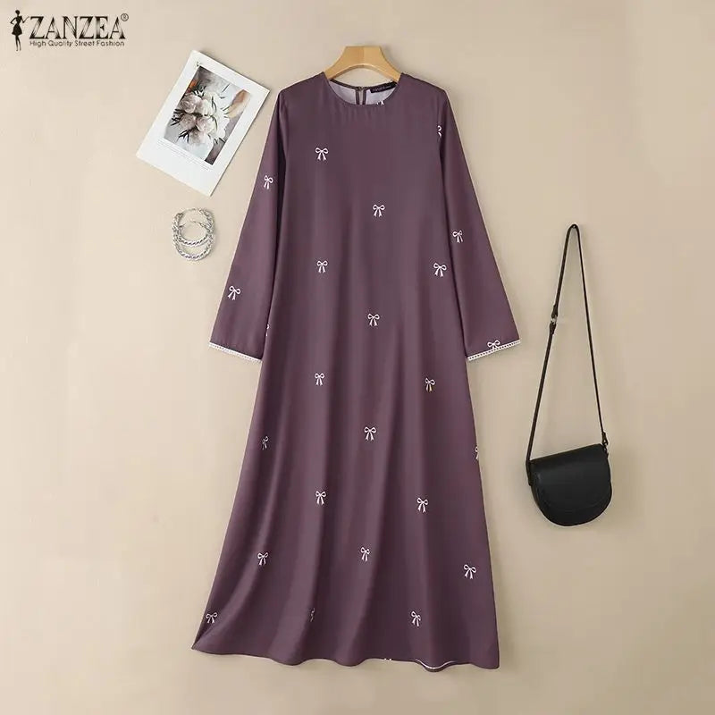 ZANZEA Muslim Modest Bow Printing Maxi Dress Women's | SAMAG