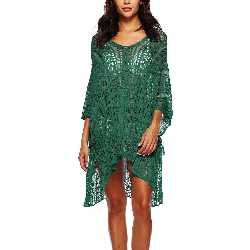 Women Beach Cover Up Crochet Sexy Deep V-Neck Side Slit Short Sleeve Hollow Out Knitted Fashion Cover-Ups Knitting Smock
