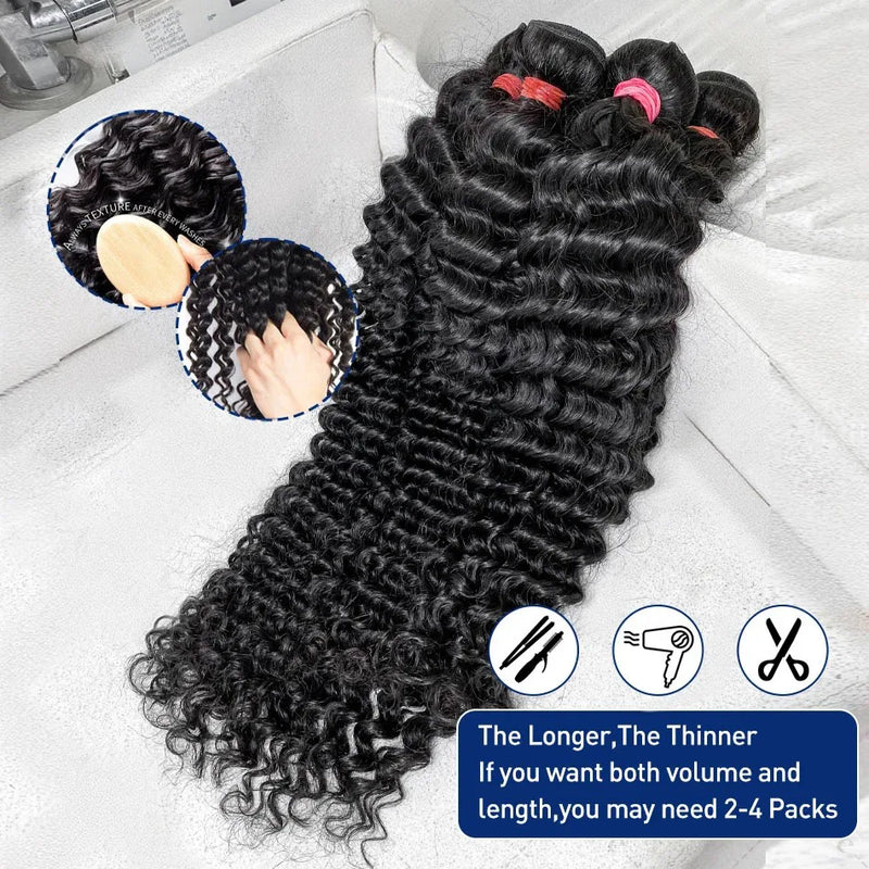 30 32 Inch Deep Wave Human Hair Bundles Curly Hair Burmese Weaving Raw Unprocessed Tissage Double Weft Virgin Hair Extensions