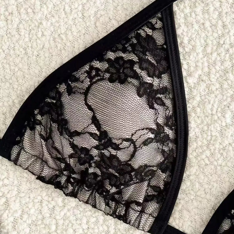 Sexy black lace print halter tie bikinis sets two pieces | SAMAG