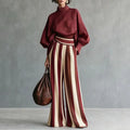 Stand Collar Top & Flare Pants Suits Women Lantern Sleeve Pocket Contrast Two Piece Set High Waist Resort Casual Matching Outfit