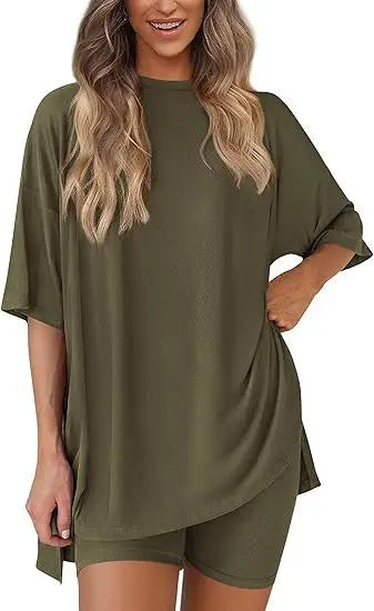 2026women's New Fashion Trend Basic High-quality Casual Round Neck Slit Loose Casual and Comfortable Women's Two-piece Home Suit