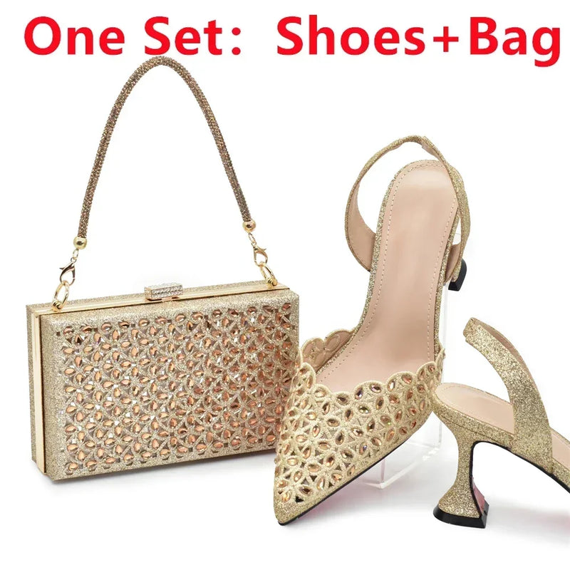 New Arrival Nigeria Women Designer Shoes and Bags Decorated with Rhinestone Wedding Italian Shoes Bag Set Pumps Women Luxury