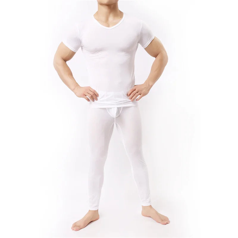 Warm Men Long Johns Ice Silky Ultra-Thin Thermal Underwear Men Underwear Long Johns Men Tops and Pants Set Long Johns Nightwear