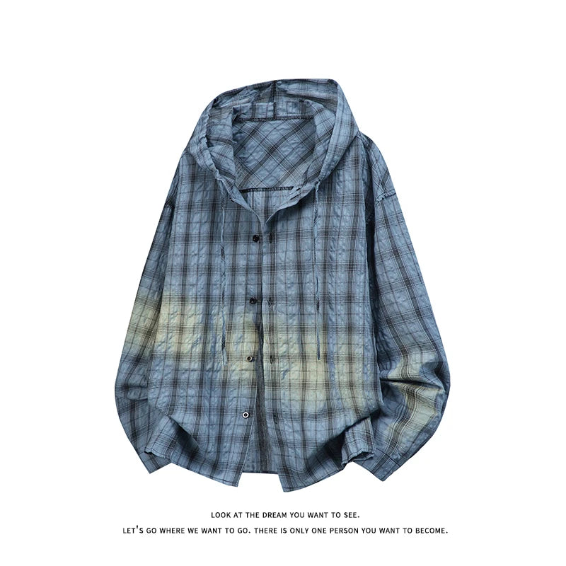 Unisex Plaid Long Sleeve Hooded Shirt Loose Sun | SAMAG