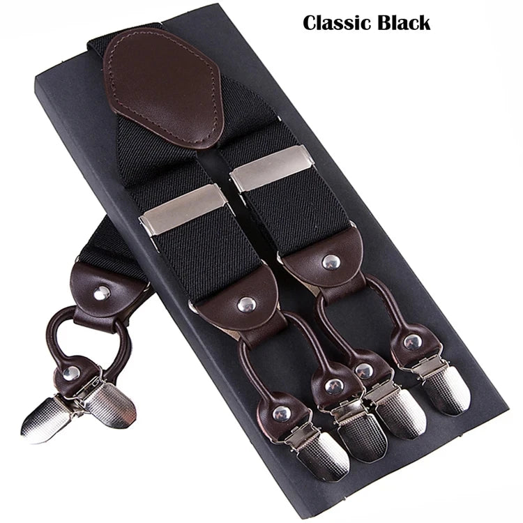 Men's Casual Fashion Leather Suspenders Adjustable High Quality Belt Strap Braces with 6 Clips