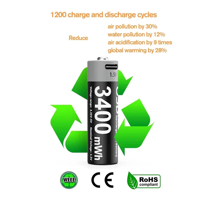 1.5V AA 3400mAh USB Type-C Rechargeable Lithium Battery for Hunting Camera Remote Control Mouse Smart Door Lock Microphone