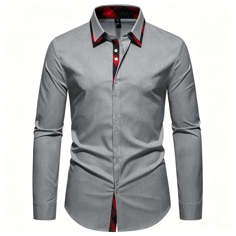 Men's Slim Fit Dress Shirt Plaid Patchwork Collar Long | SAMAG