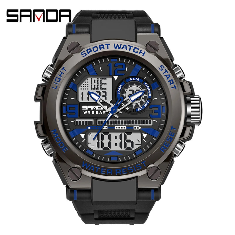 SANDA 6024 Men Sports Quartz Watches Dual Display LED Electronic Digital Wristwatches Waterproof Watch Relogios Masculino