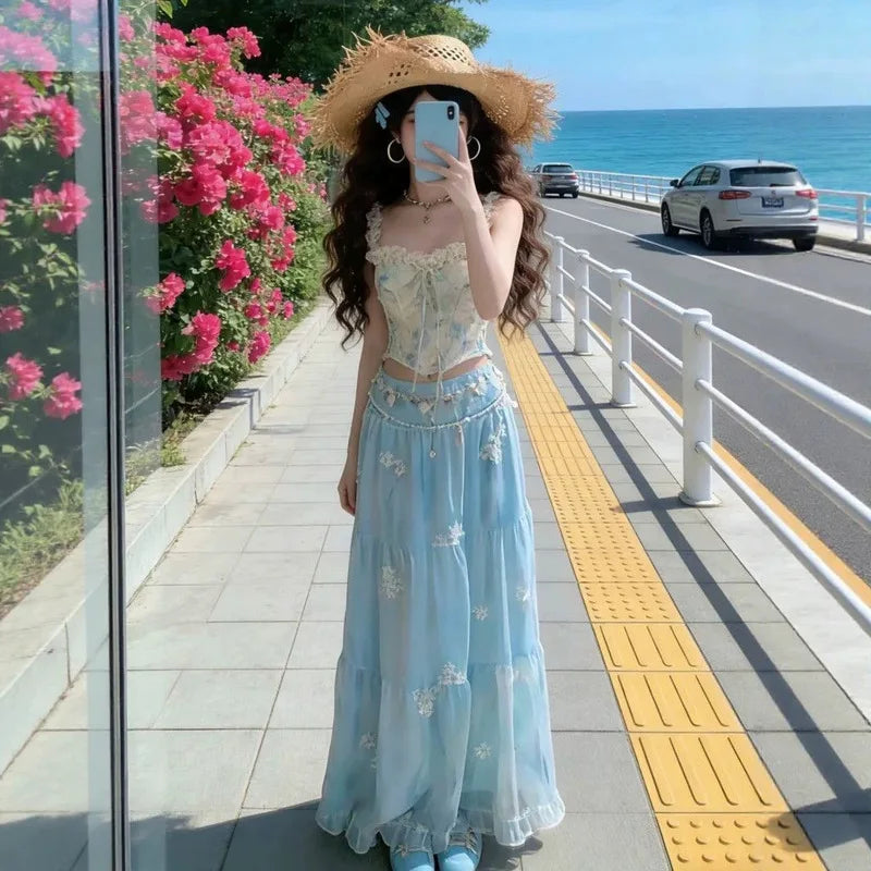 Women Summer 2 Piece Skirt Set Floral Embroidery Lace Corset Top Tiered Maxi Beach Vacation Holiday Outfit