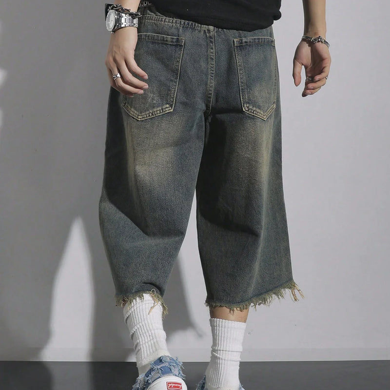 Men's Loose Ripped Denim Jeans 7 Point Calf Length Wide | SAMAG