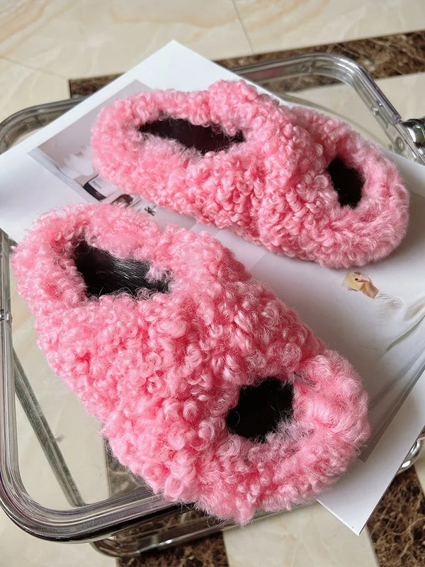 Real Wool Fur House Slippers Solid Color Cross Strap Fluffy Fur Slides Funny Comfortable Fuzzy Slippers Women's Shoes Trend 2026